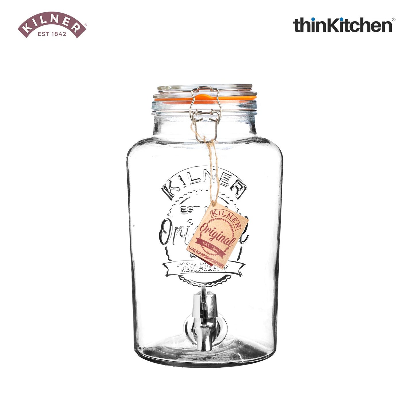 Kilner Clip Top Round Glass Drinks Dispenser with Tap & Stand – 5 Litre Juice Container, Premium Glass Juice Dispenser with Airtight Seal for Parties & Home Entertaining
