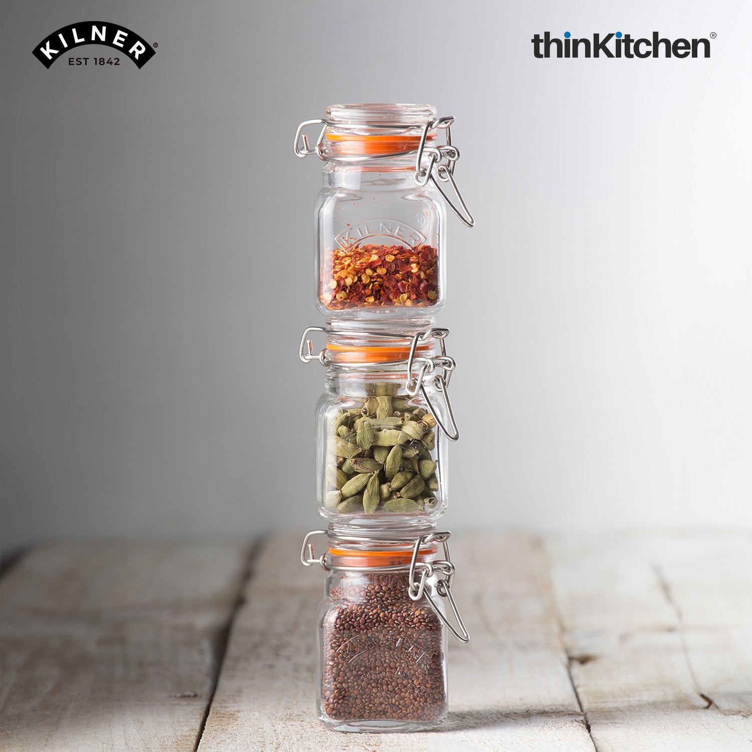Kilner Clip Top Square Spice Jar 70ml – Airtight Glass Jar for Spices, Herbs Masalas – Compact, BPA-Free Reusable Kitchen Storage Container