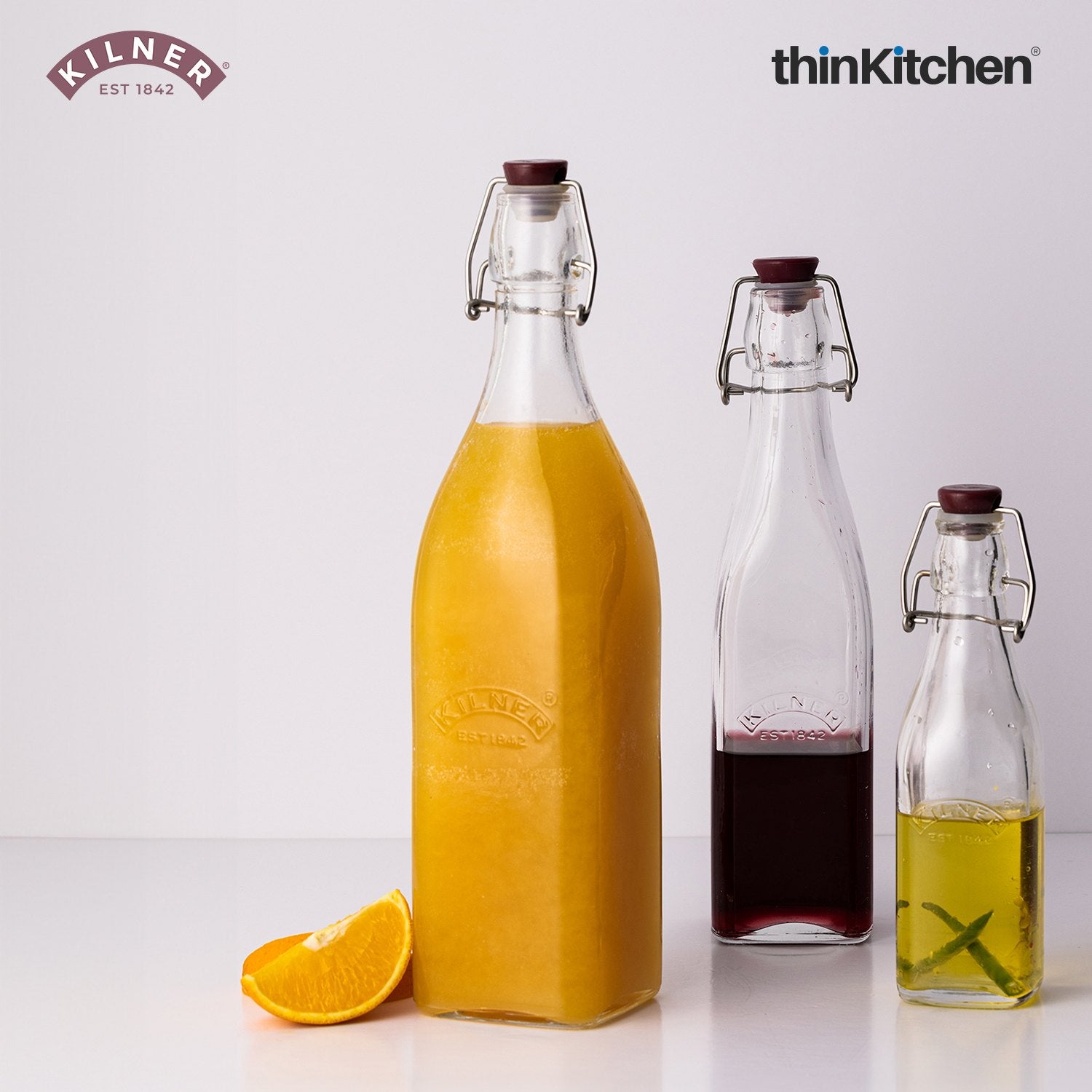 Kilner Glass Square Clip Top Water Bottle | 1 Litre Juice Preserver Bottle | Premium Square Shape 1L Glass Water Bottle with Airtight Stainless-Steel Clip & Silicone Seal - 2