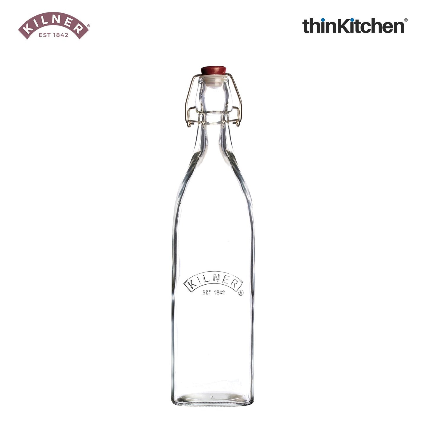 Kilner Glass Square Clip Top Water Bottle | 1 Litre Juice Preserver Bottle | Premium Square Shape 1L Glass Water Bottle with Airtight Stainless-Steel Clip & Silicone Seal