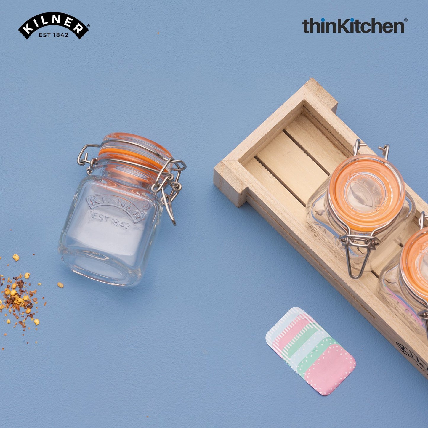 Kilner Glass Spice Jar Set with Wooden Rack | 70ml Airtight Clip Top Seasoning & Masala Storage Jars