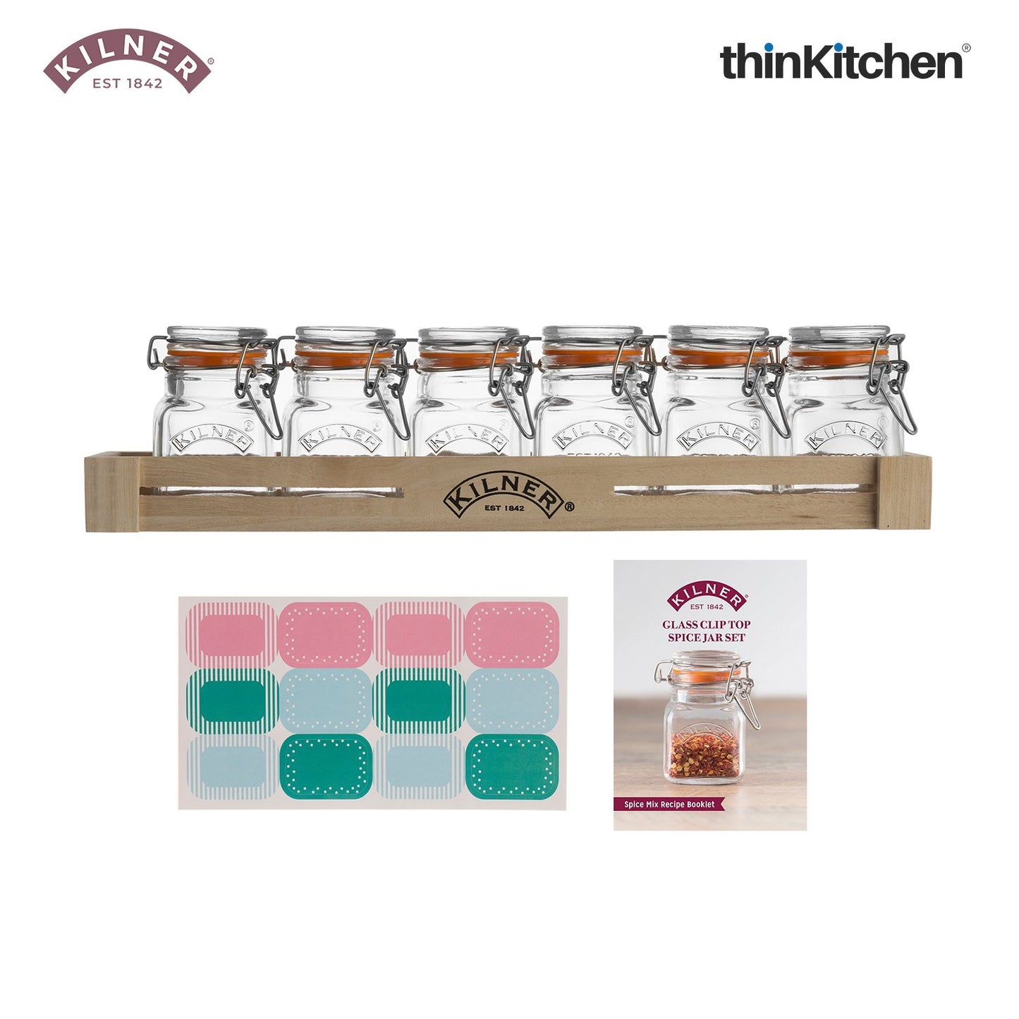 Kilner Glass Spice Jar Set with Wooden Rack | 70ml Airtight Clip Top Seasoning & Masala Storage Jars