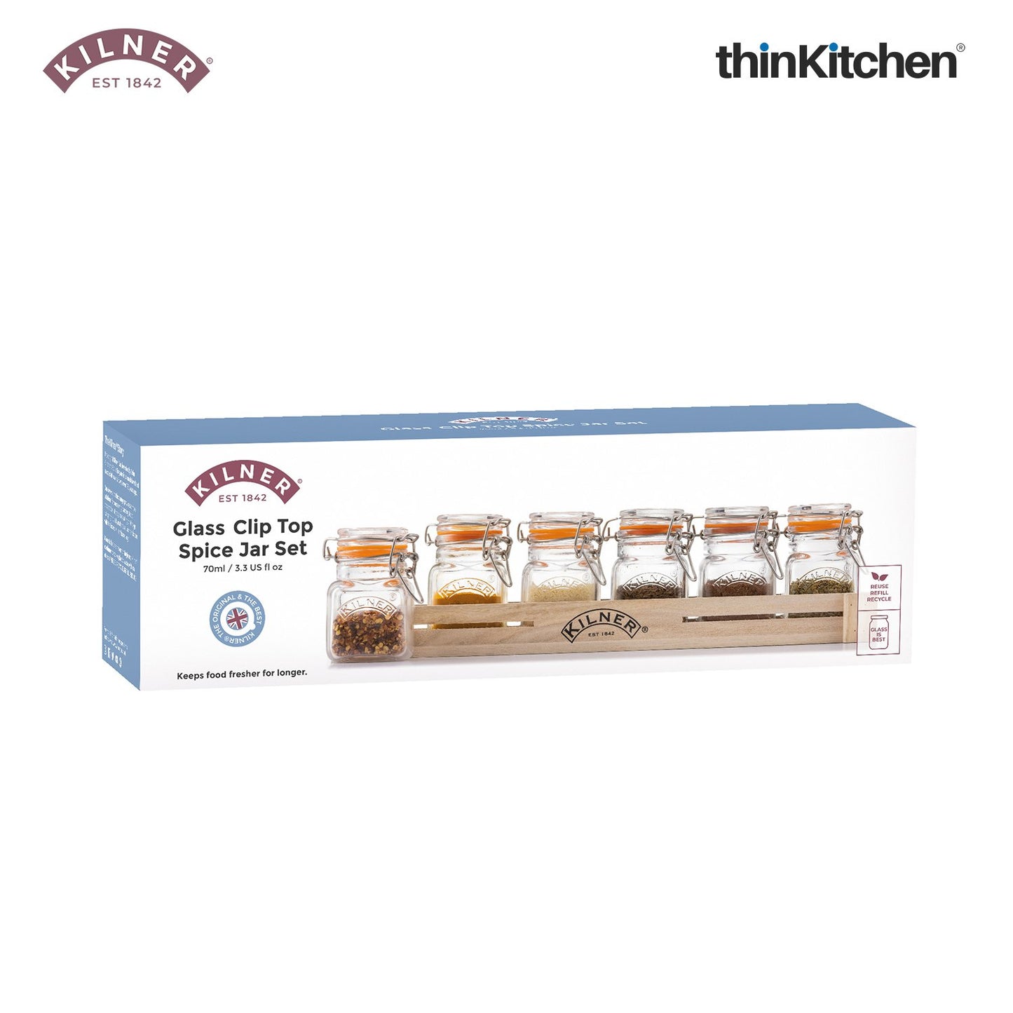 Kilner Glass Spice Jar Set with Wooden Rack | 70ml Airtight Clip Top Seasoning & Masala Storage Jars