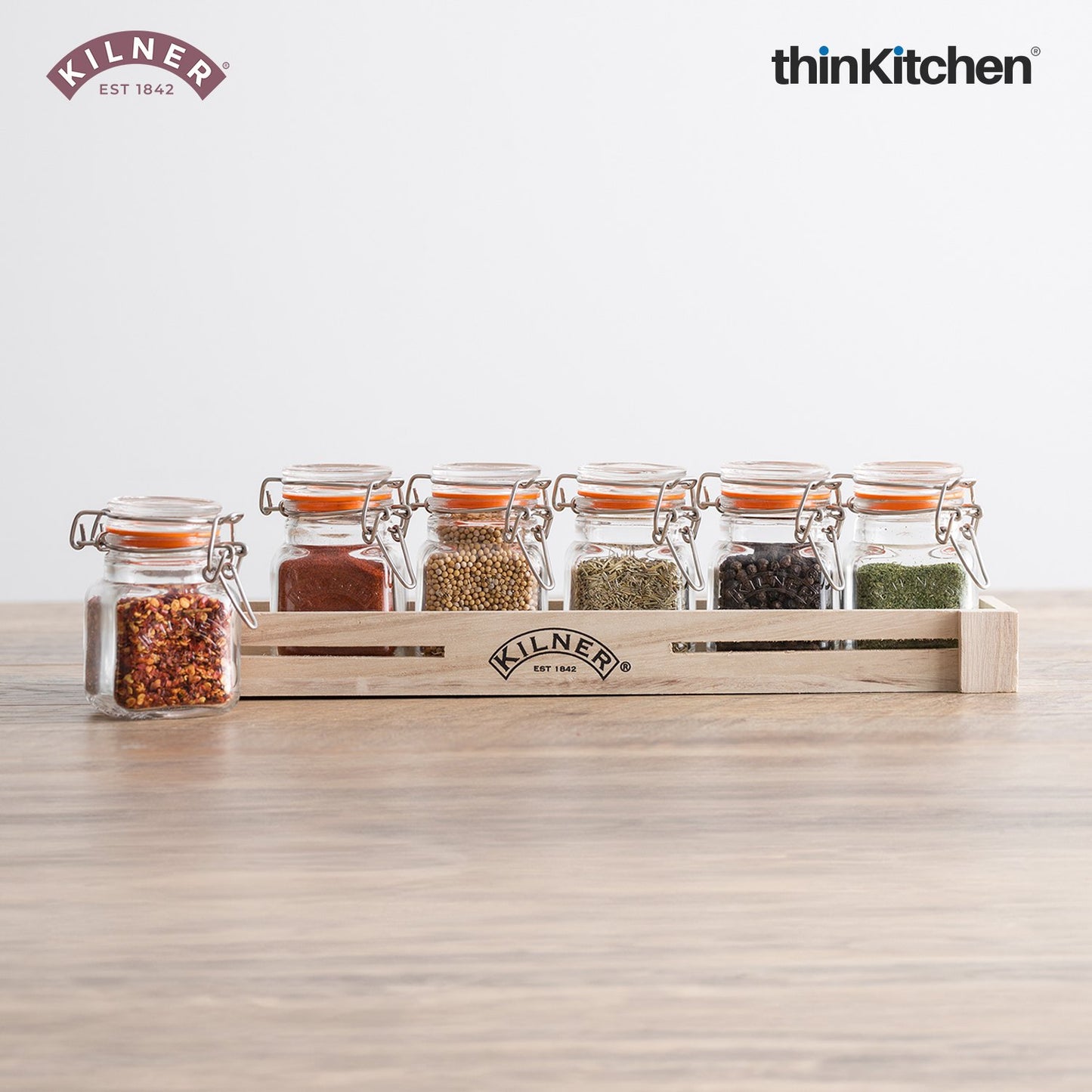 Kilner Glass Spice Jar Set with Wooden Rack | 70ml Airtight Clip Top Seasoning & Masala Storage Jars
