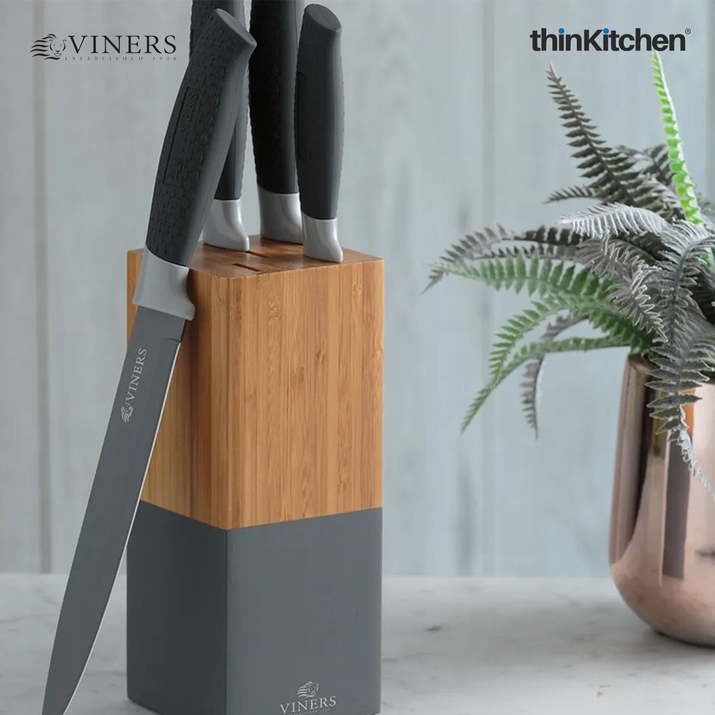 Viners Premium Knife Block Set of 5 with Bamboo Knife Holder, Grey |10 Year Guarantee | Crafted in UK for thinKitchen