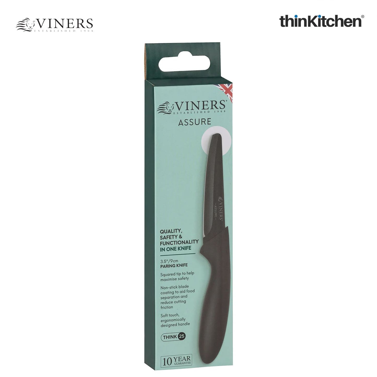Viners Assure 3.5” Stainless Steel Paring Soft Grip Handle Safety Kitchen Knife, Black