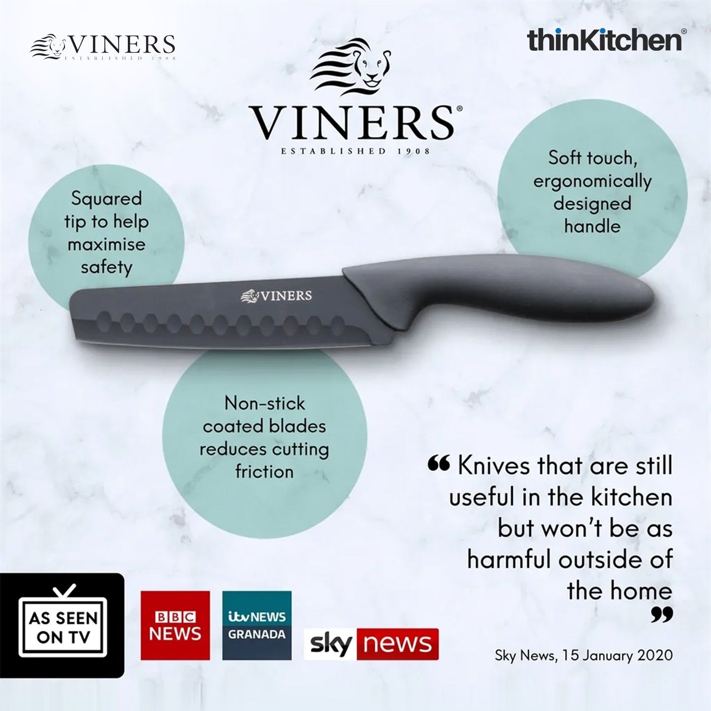 Viners Premium 6" Santoku Stainless Sharp Steel Knife with Soft Grip Handle, Non-Stick Coating