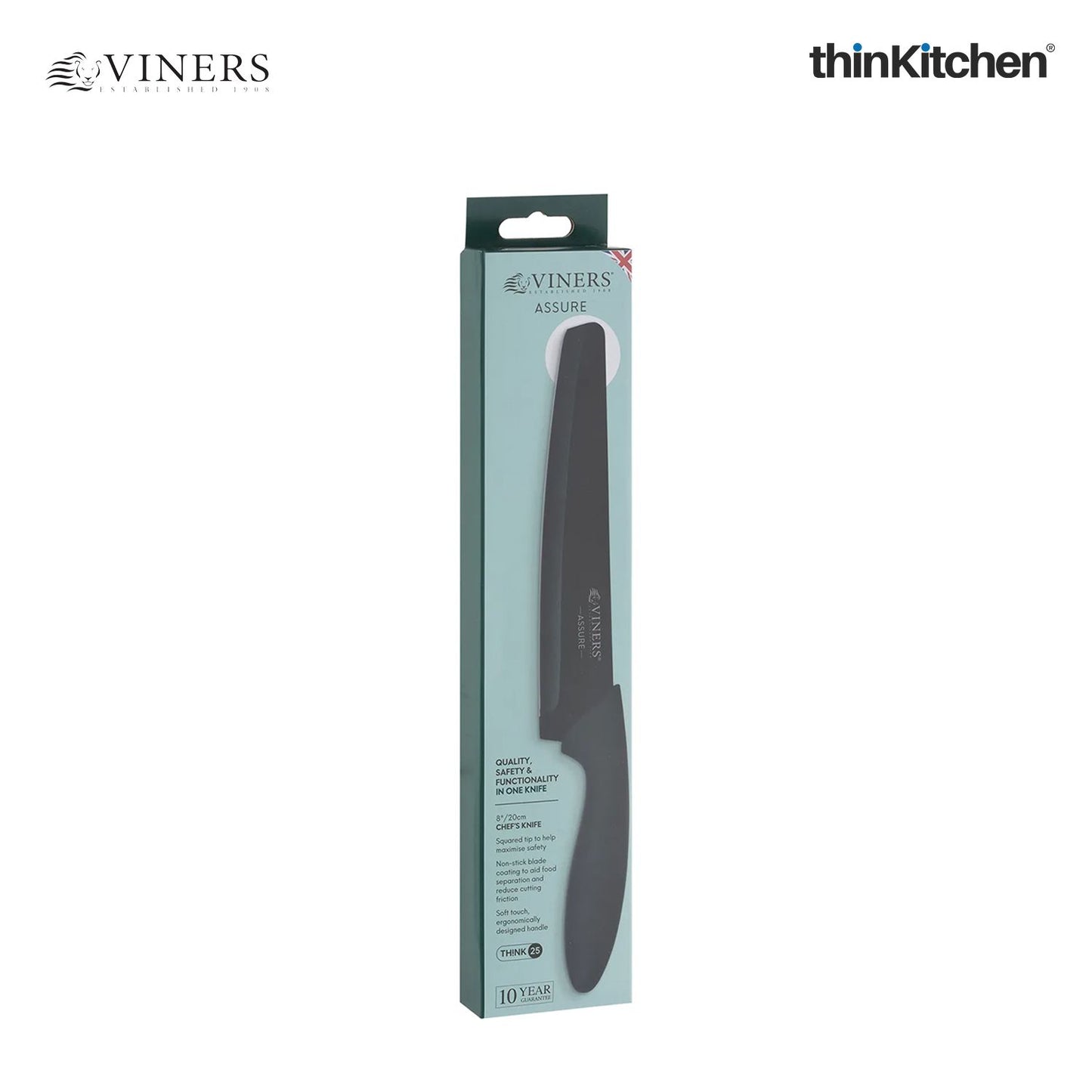 Viners Assure 8” Stainless Steel Chef Soft Grip Handle Safety Kitchen Knife, Black
