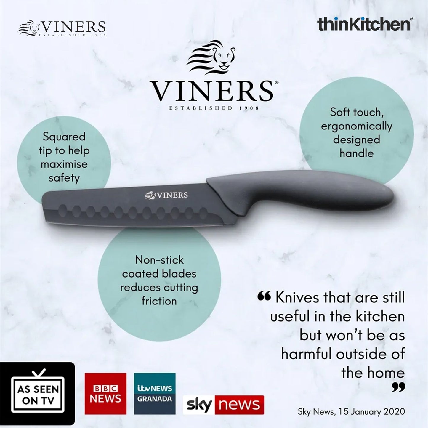 Viners Premium Stainless Steel Kitchen Knife Setof 5 with Holder, Black|Crafted in UK for thinKitchen