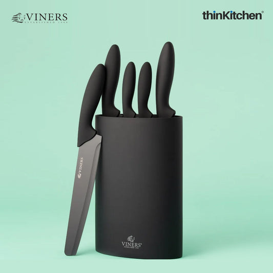 Viners Stainless Steel Kitchen Knife Setof 5 with Holder, Black|Crafted in UK for thinKitchen