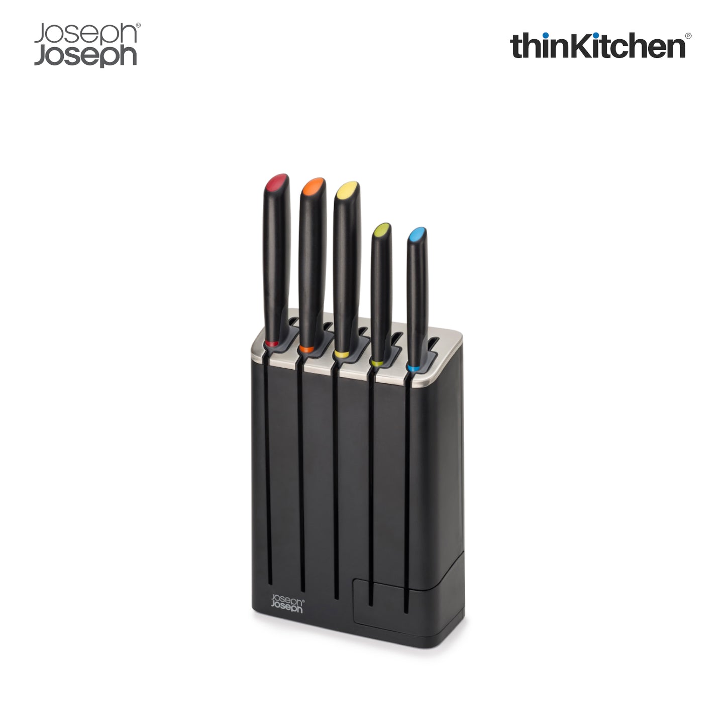 Joseph Joseph Elevate Knives SlimBlock 5-Piece Steel Knife Set with Ceramic Sharpener – Japanese Stainless Steel, Black