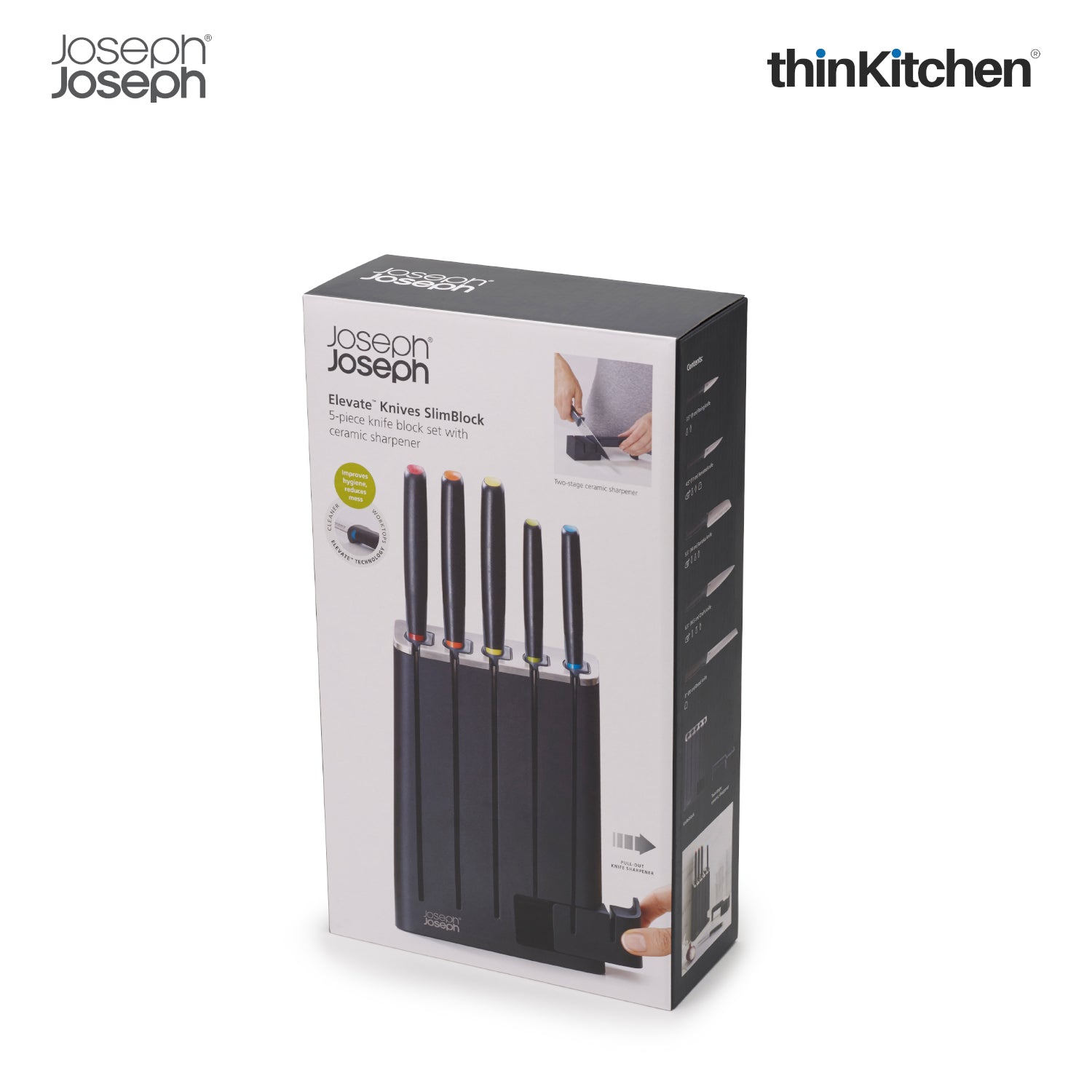 Joseph Joseph Elevate Knives SlimBlock 5-Piece Steel Knife Set with Ceramic Sharpener – Japanese Stainless Steel, Black - 12