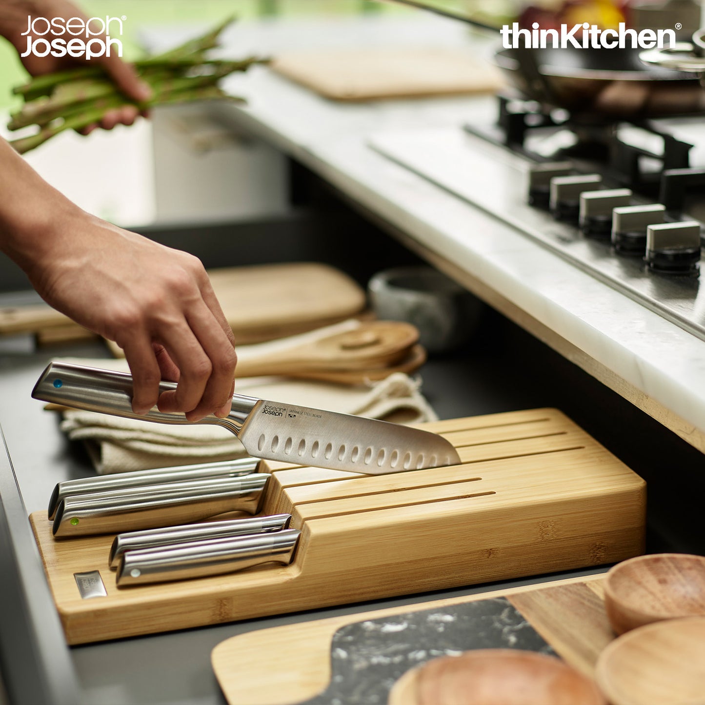 Joseph Joseph Elevate Set of 5 Professional Kitchen Knives, Chef, Santoku, Japanese Stainless Steel, with Drawer Knife Block, Bamboo Wood