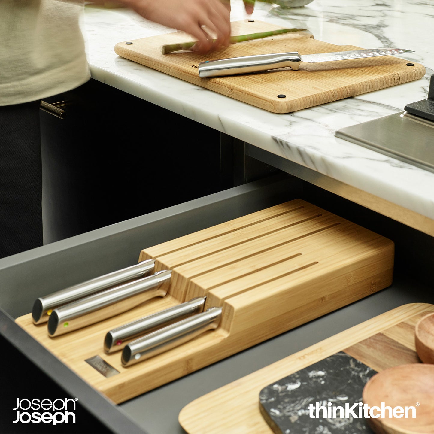 Joseph Joseph Elevate Set of 5 Professional Kitchen Knives, Chef, Santoku, Japanese Stainless Steel, with Drawer Knife Block, Bamboo Wood