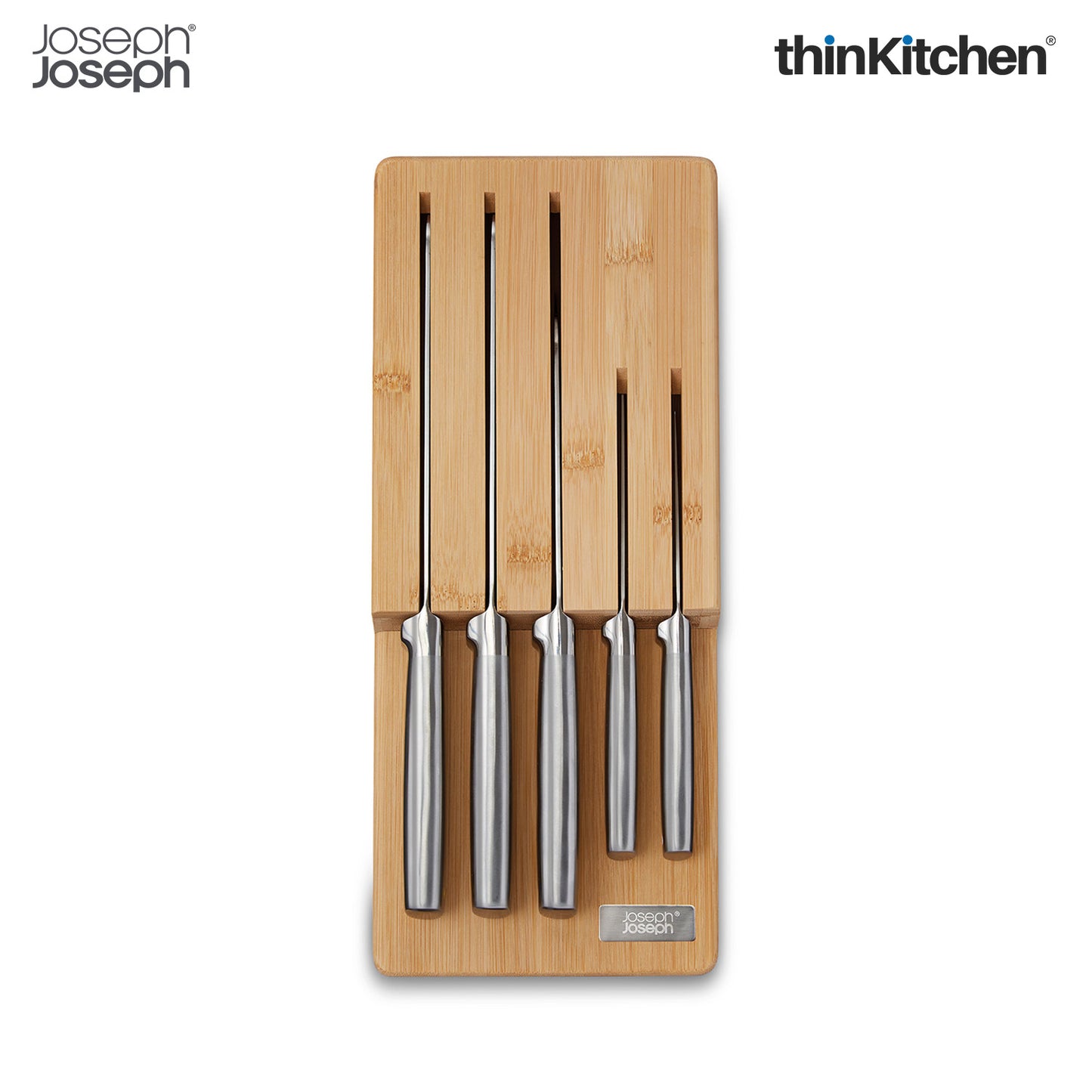 Joseph Joseph Elevate Set of 5 Professional Kitchen Knives, Chef, Santoku, Japanese Stainless Steel, with Drawer Knife Block, Bamboo Wood