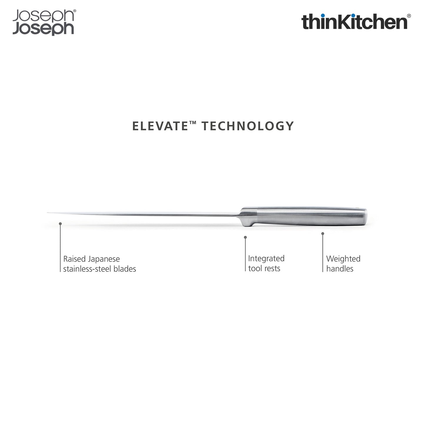 Joseph Joseph Elevate Set of 5 Professional Kitchen Knives, Chef, Santoku, Japanese Stainless Steel, with Drawer Knife Block, Bamboo Wood