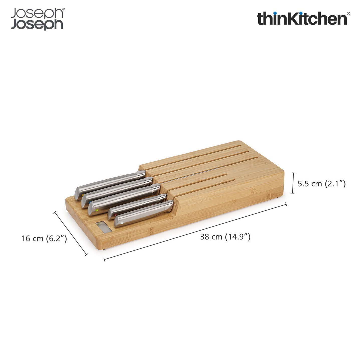 Joseph Joseph Elevate Set of 5 Professional Kitchen Knives, Chef, Santoku, Japanese Stainless Steel, with Drawer Knife Block, Bamboo Wood