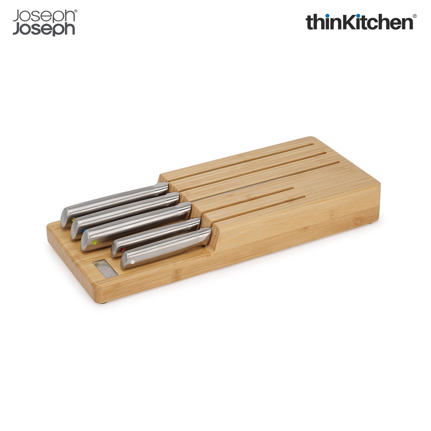 Joseph Joseph Elevate Set of 5 Professional Kitchen Knives, Chef, Santoku, Japanese Stainless Steel, with Drawer Knife Block, Bamboo Wood