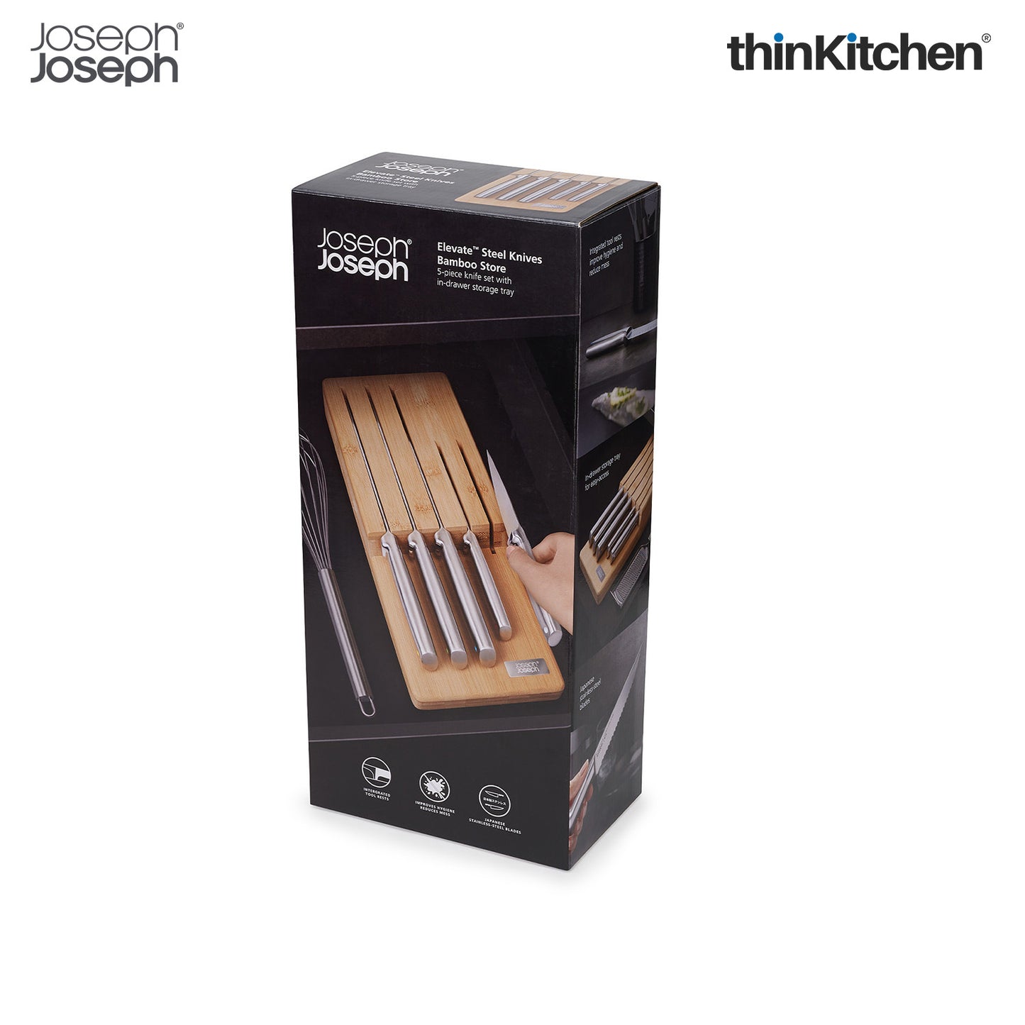 Joseph Joseph Elevate Set of 5 Professional Kitchen Knives, Chef, Santoku, Japanese Stainless Steel, with Drawer Knife Block, Bamboo Wood