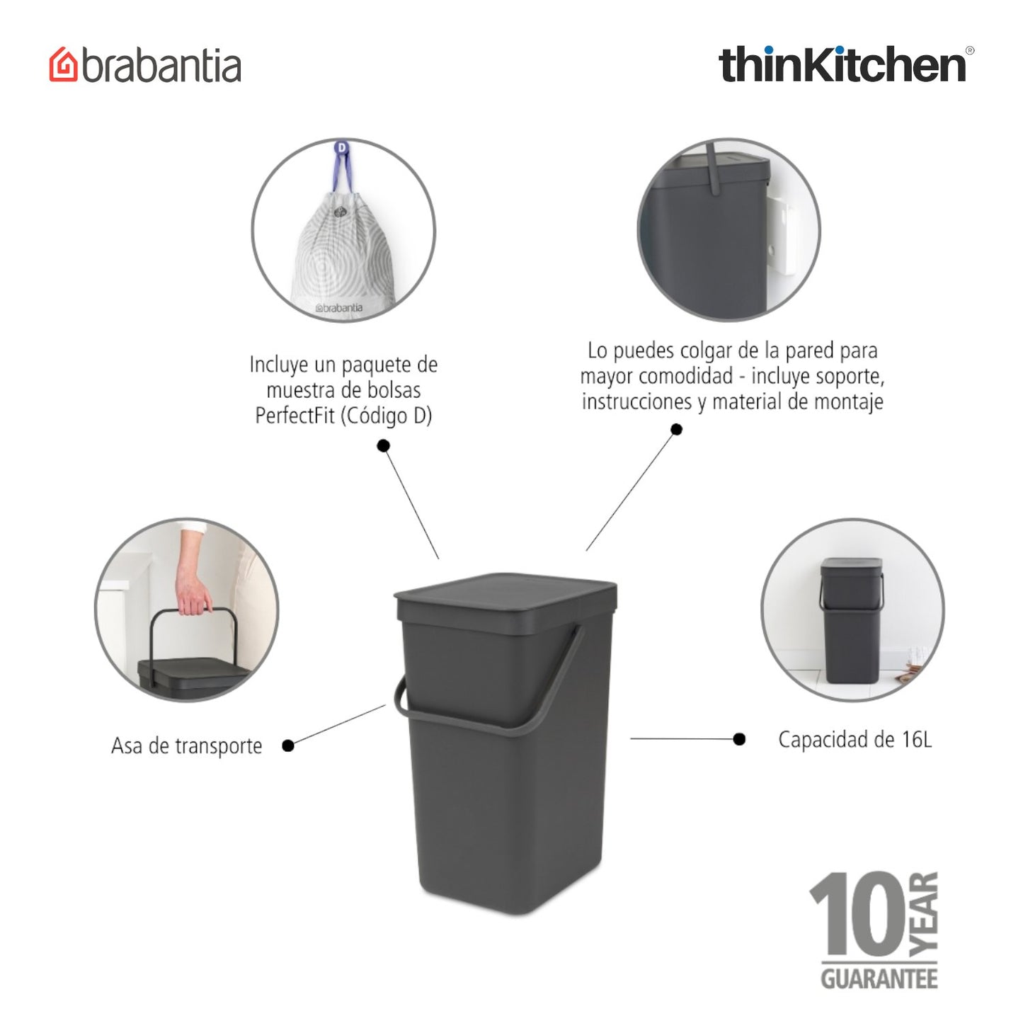 Brabantia Sort Go Waste Bin 16 Litre Grey