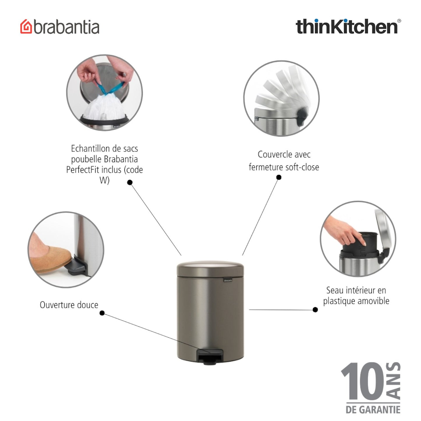 Brabantia Newicon Plastic Pedal Bin 5 Litre Platinum
