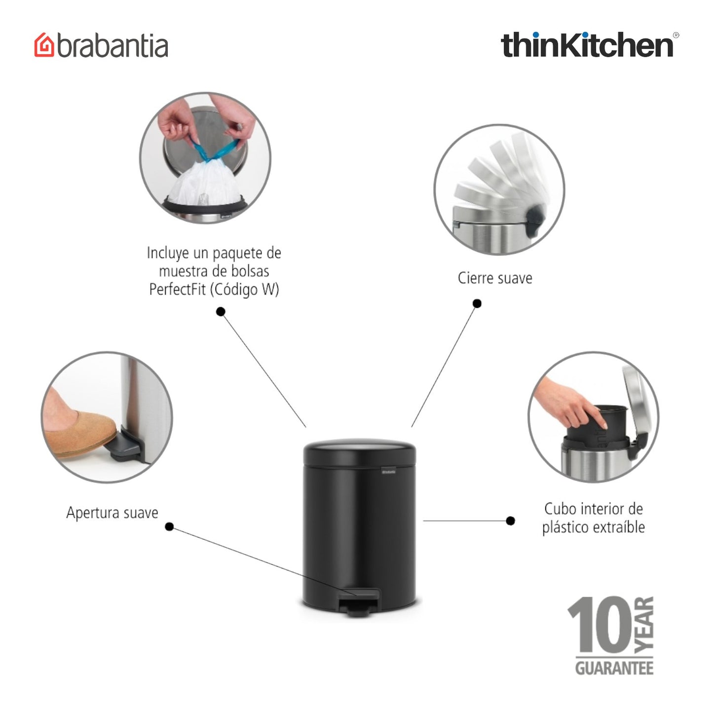 Brabantia Newicon Plastic Pedal Bin 5 Litre Matt Black