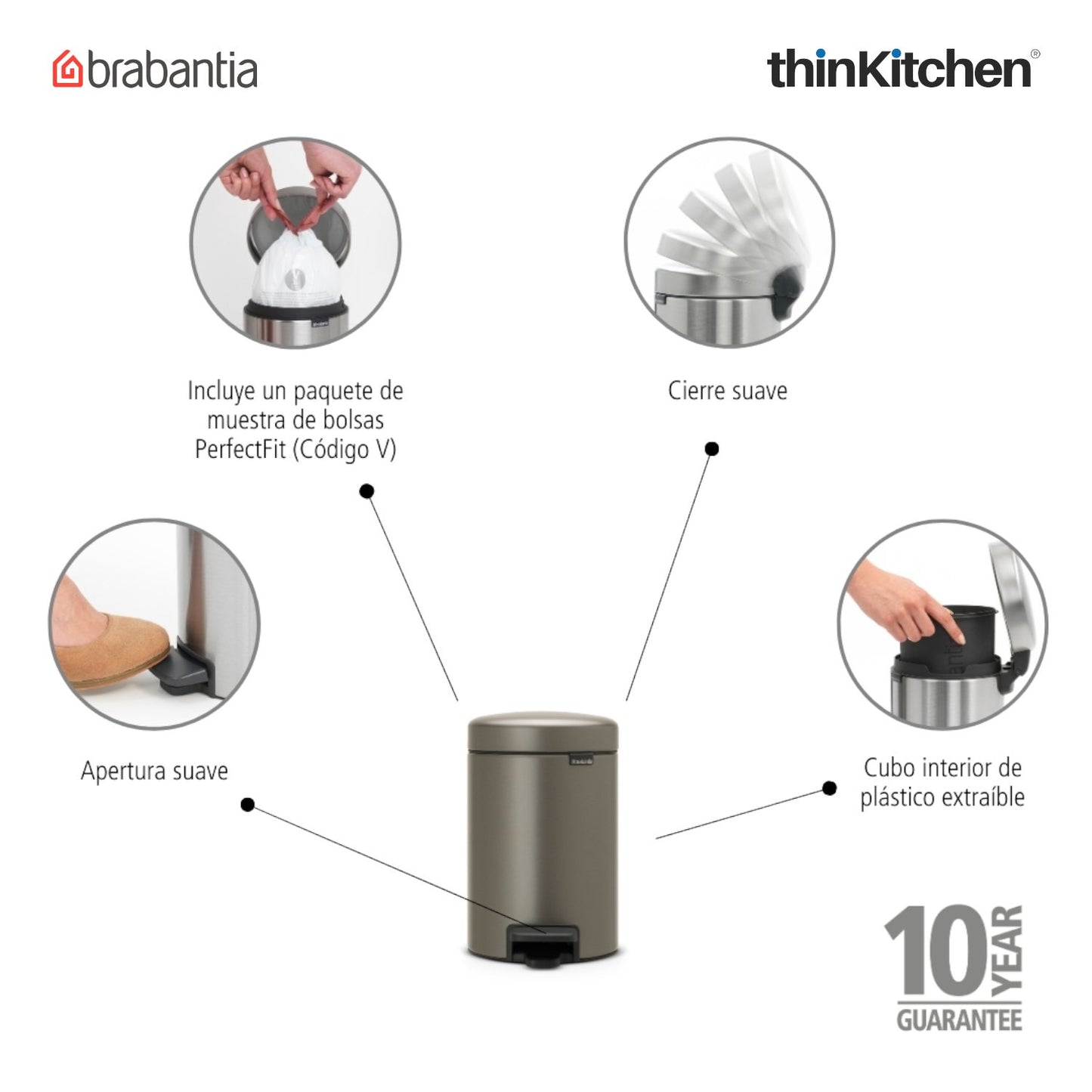 Brabantia Newicon Plastic Pedal Bin 3 Litre Platinum