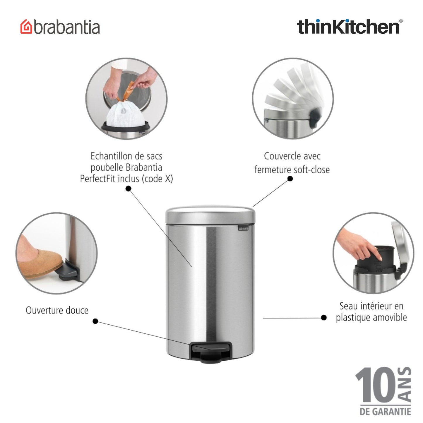 Brabantia, Waste Management, Dustbin, NewIcon Pedal Bin, 12 Litre, Plastic Bucket, Matt Steel