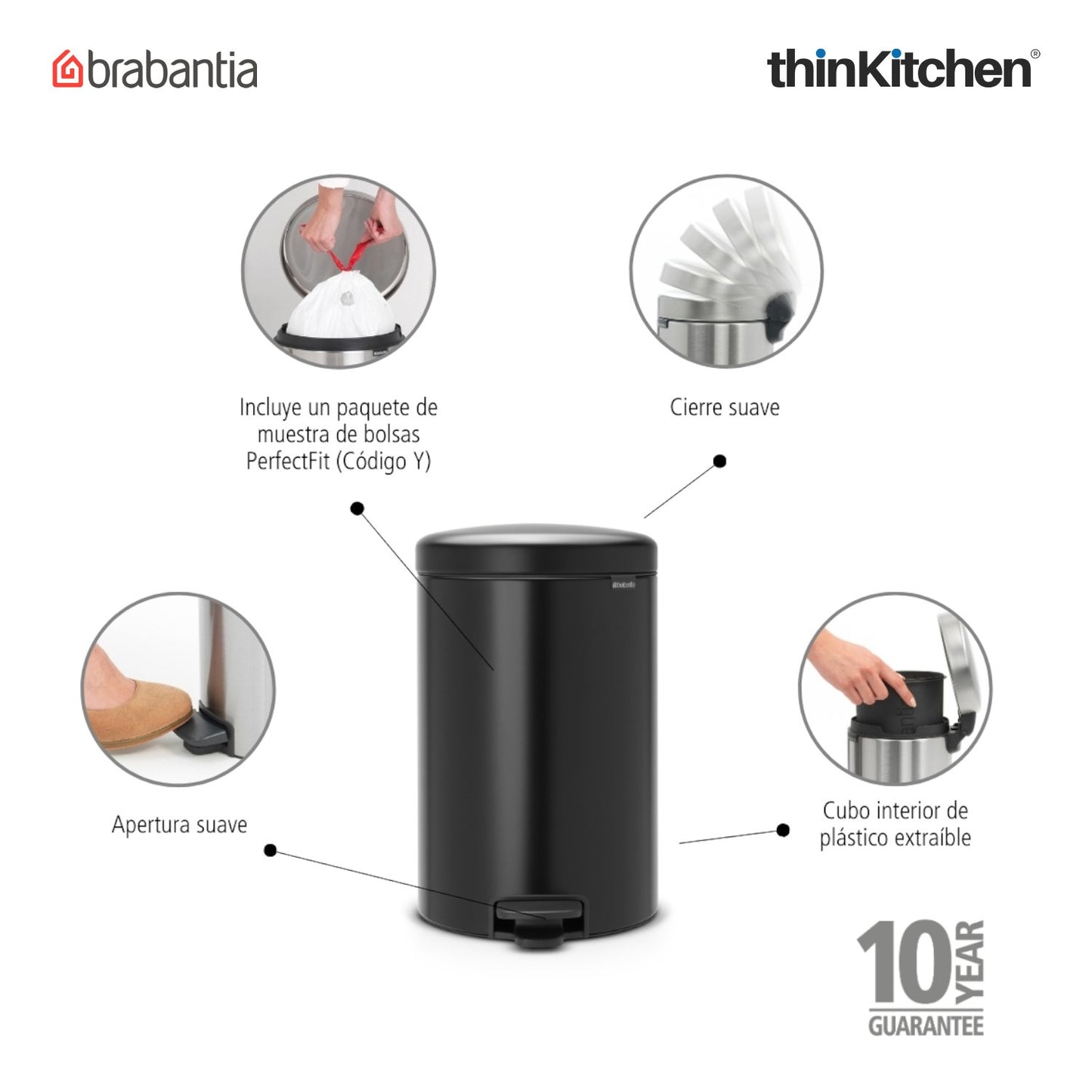 Brabantia Newicon Plastic Pedal Bin 20 Litre Matt Black