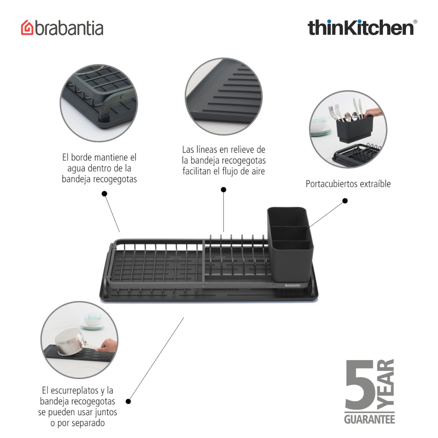 Brabantia Dish Washing Organising Compact Dish Drying Rack Dark Grey