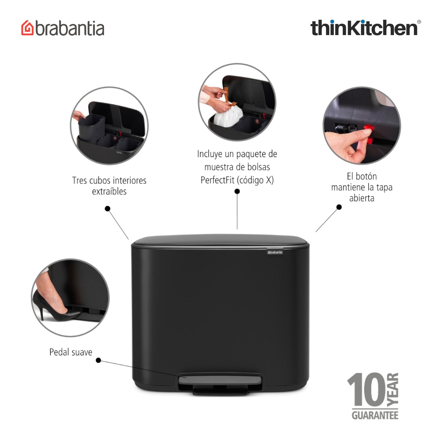 Brabantia, Waste Management, Dustbin, Bo Pedal Bin, 3 X 11 Litre, Matt Black - 7