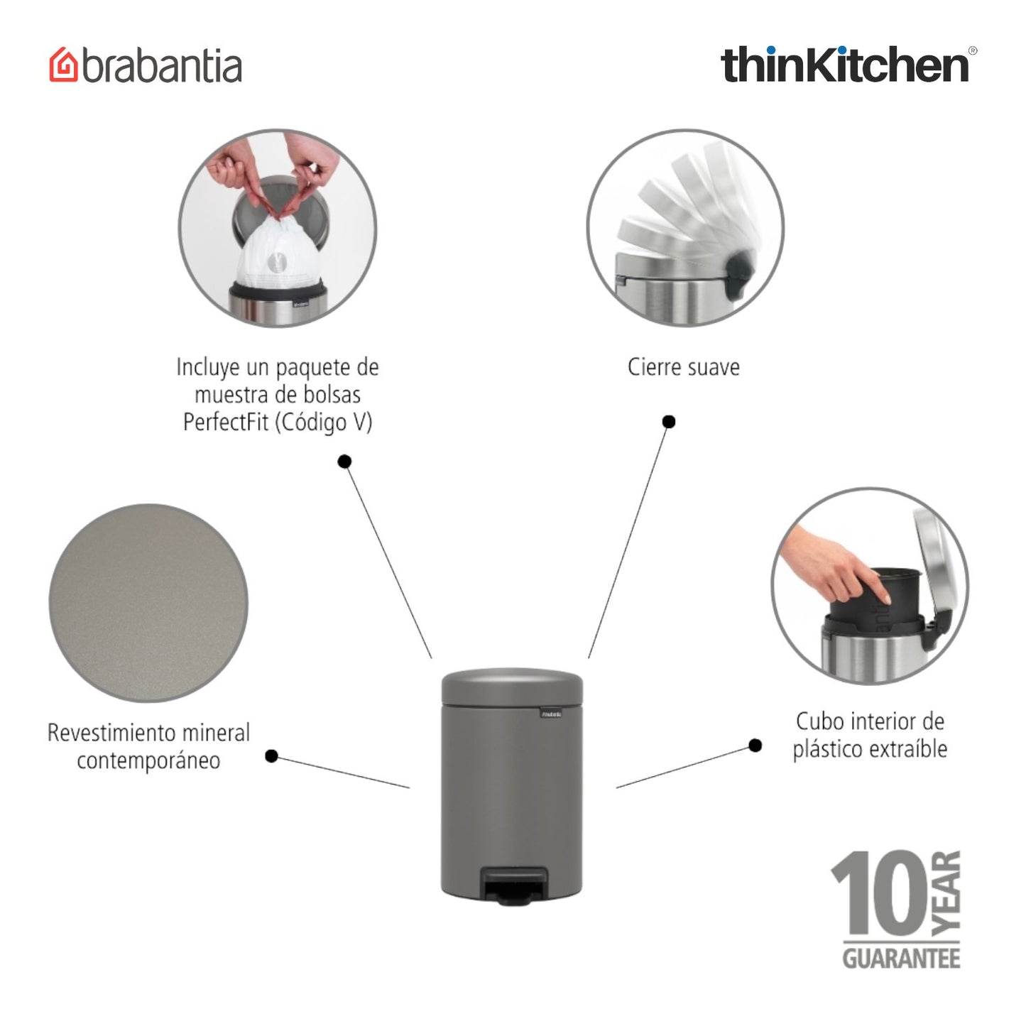 Brabantia Newicon Pedal Bin 3 Litre Concrete Grey