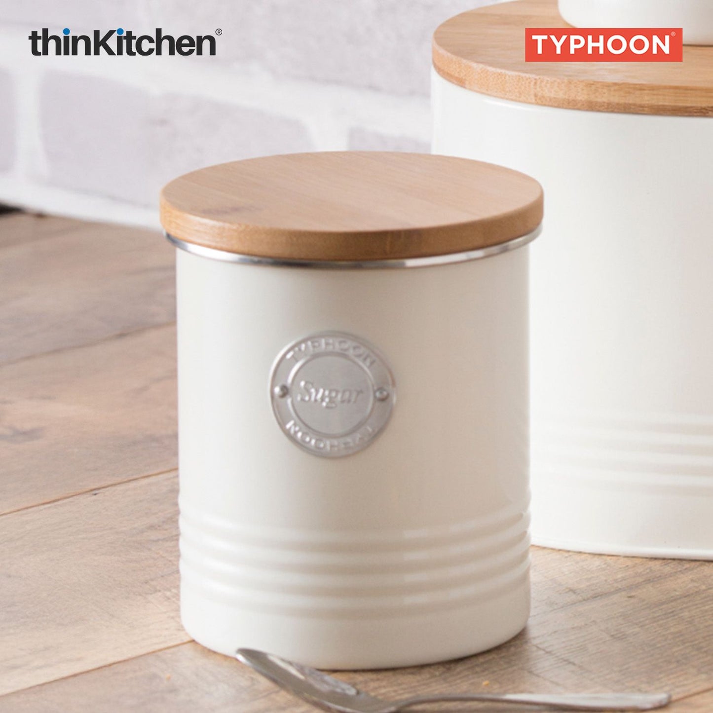 Typhoon Living Premium Sugar Storage Canister - Cream, 1 Litre|Airtight Metal Jar with Bamboo Lid, Kitchen Countertop Storage Container