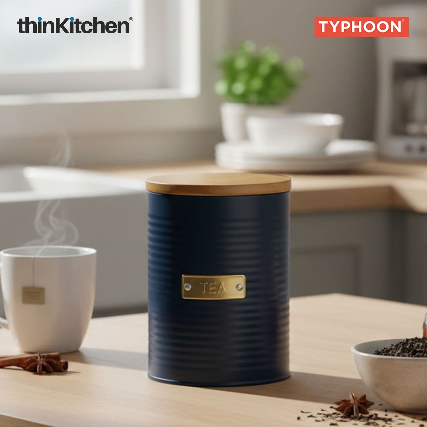Typhoon Otto Premium Tea Storage Canister - Navy Blue, 1 Litre|Airtight Metal Jar with Bamboo Lid, Kitchen Countertop Storage Container