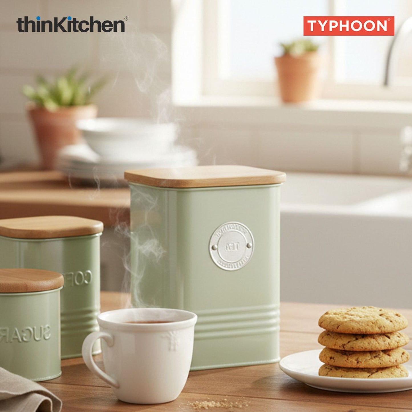 Typhoon Squircle Premium Tea Storage Canister - Mint Green, 1.3 Litre|Square Airtight Metal Jar with Bamboo Lid, Kitchen Countertop Storage Container