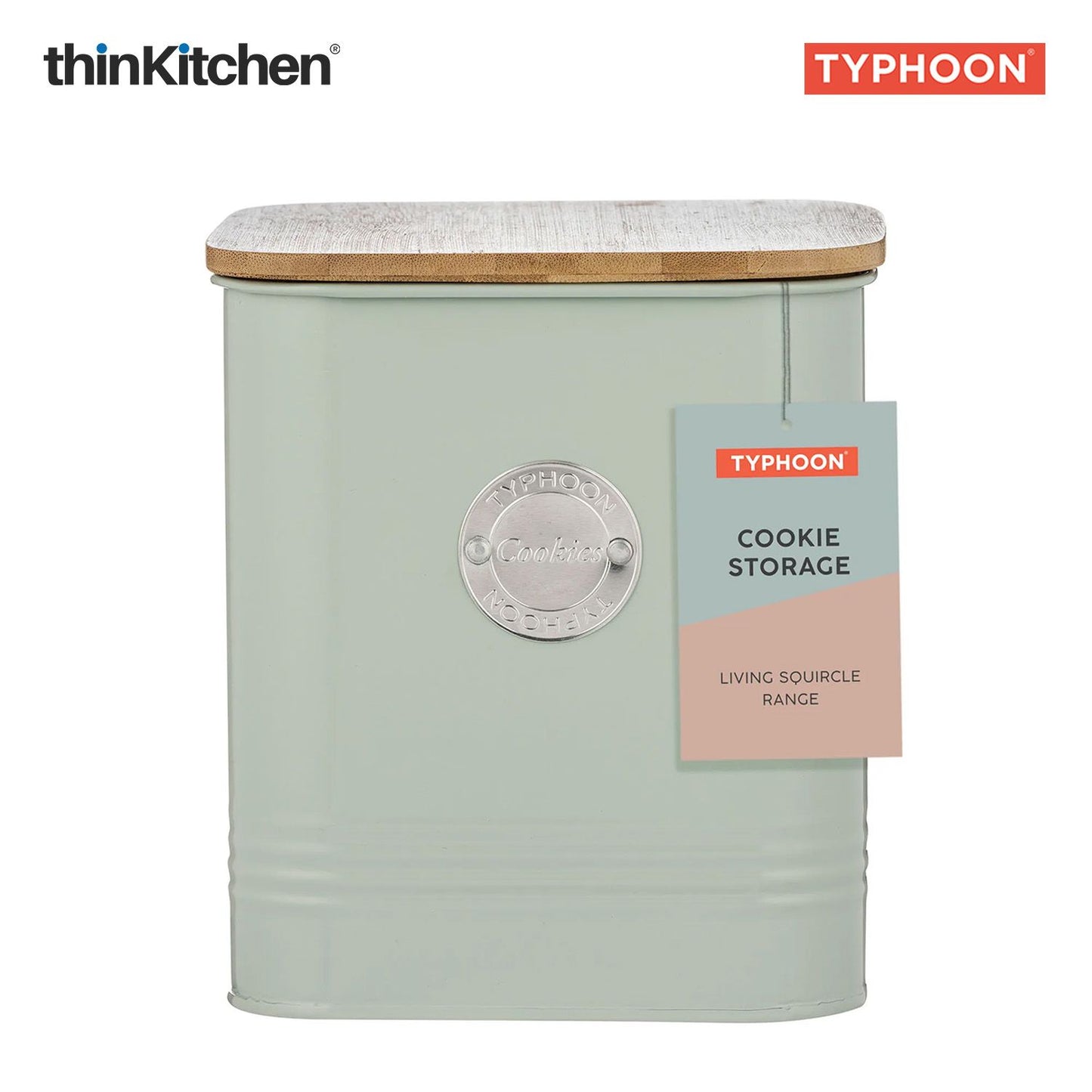 Typhoon Squircle Premium Cookie Storage Canister - Mint Green, 2.7 Litre|Square Airtight Metal Jar with Bamboo Lid, Kitchen Countertop Storage Container