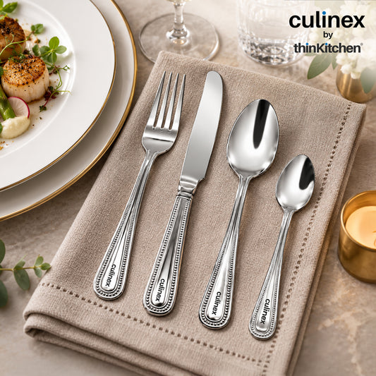 Culinex Beed 24 Pcs Cutlery Set, 18/0 Stainless Steel Mirror Finish | All Purpose Knife, Fork, Spoon & Tea Spoon