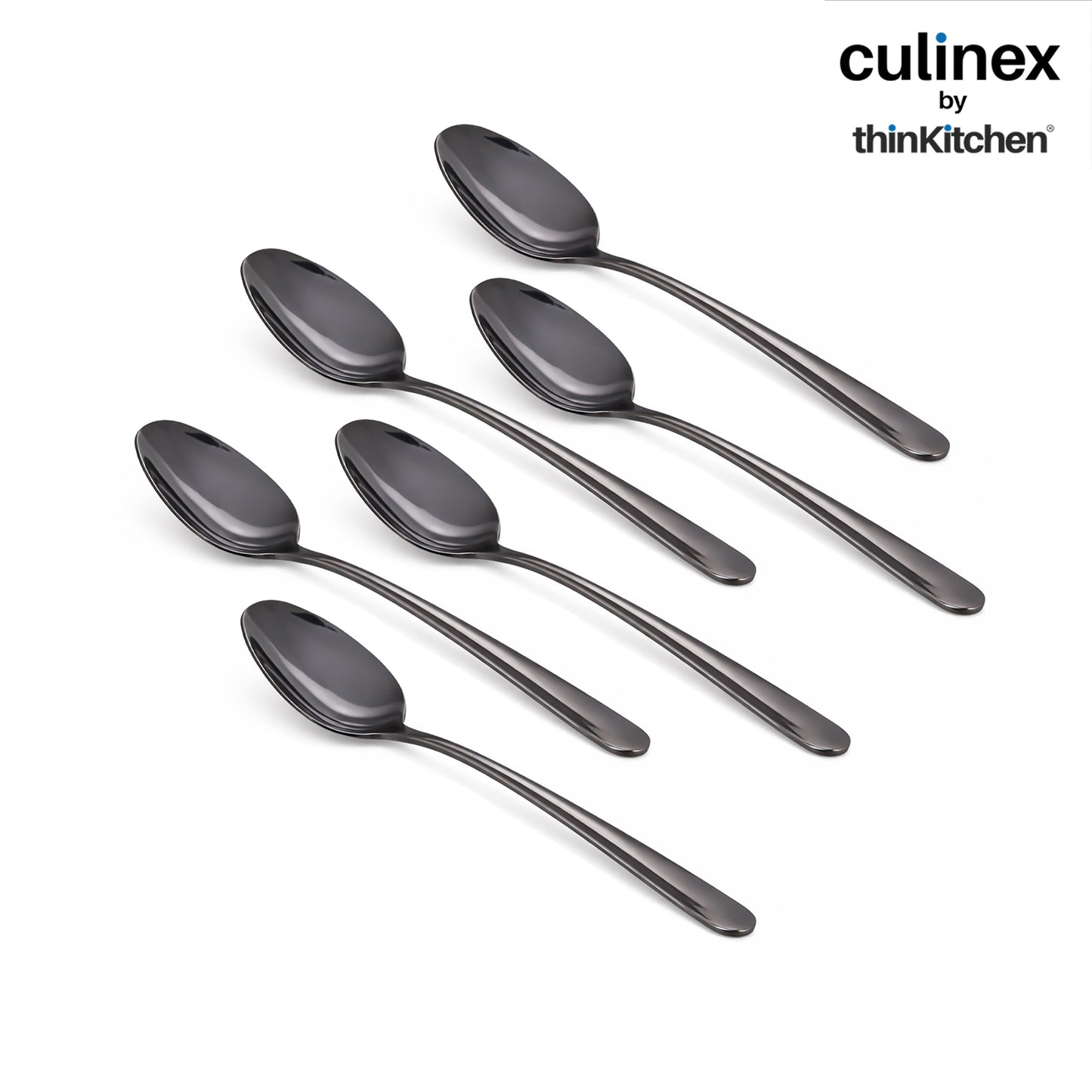 Culinex by thinKitchen 18/8 Stainless Steel 8.2" Black Dinner Spoon Set of 6| Rustproof Flatware By thinKitchen (Dora)