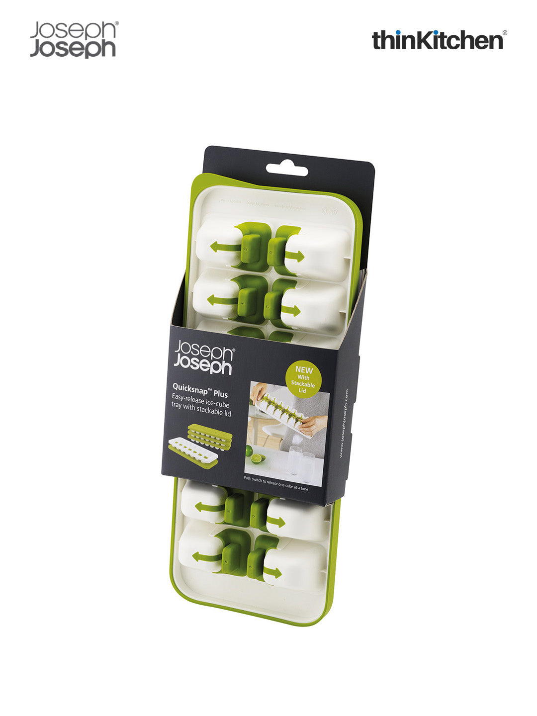 Joseph Joseph Quicksnap Plus Ice Cube Tray with Lid – Green | Easy-Release Ice Tray with Stackable Design | Premium Ice Molds for Drinks & Cocktails