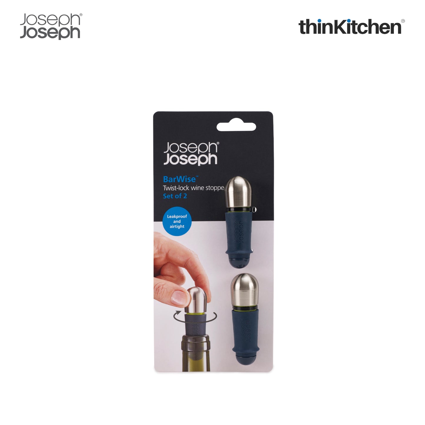 Joseph Joseph Barwise Twist Lock Wine Stoppers Set of 2 | Premium Wine Bottle Stoppers & Sealers | Airtight Leakproof Seal for Fresher Wine | Easy Twist-Lock Mechanism with Chrome-Plated Cap