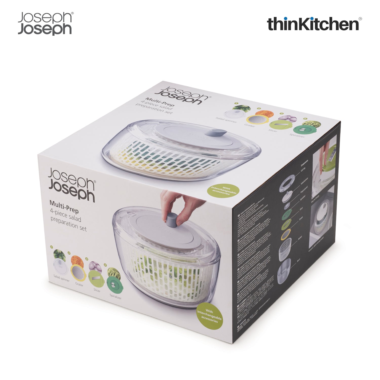 Joseph Joseph Multi Prep 4-Piece Salad Preparation Set – Premium Multicolour Salad Spinner, Spiralizer, Slicer & Grater with Non-Slip Base and Safe Finger Guard - 10