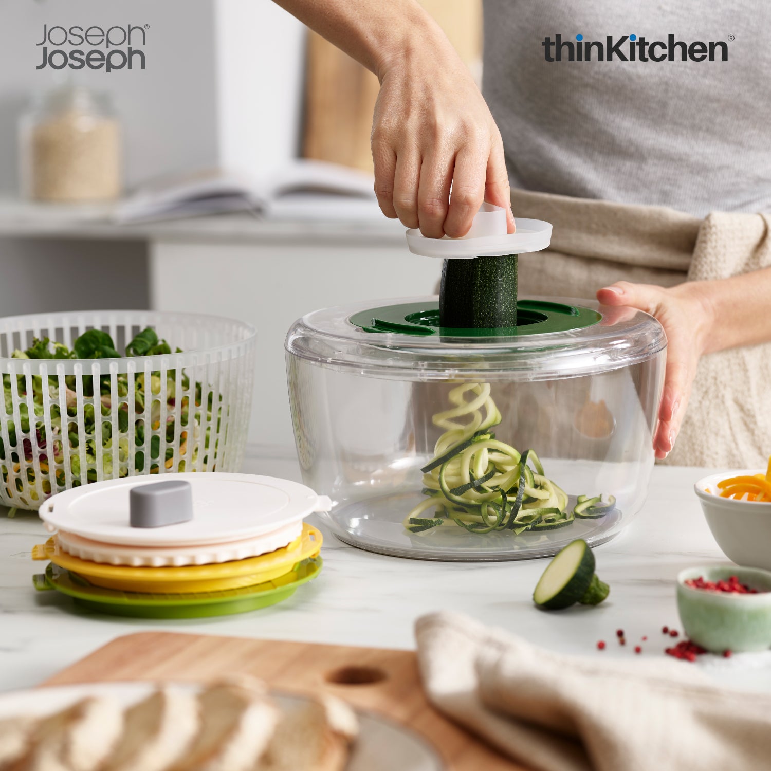Joseph Joseph Multi Prep 4-Piece Salad Preparation Set – Premium Multicolour Salad Spinner, Spiralizer, Slicer & Grater with Non-Slip Base and Safe Finger Guard - 1