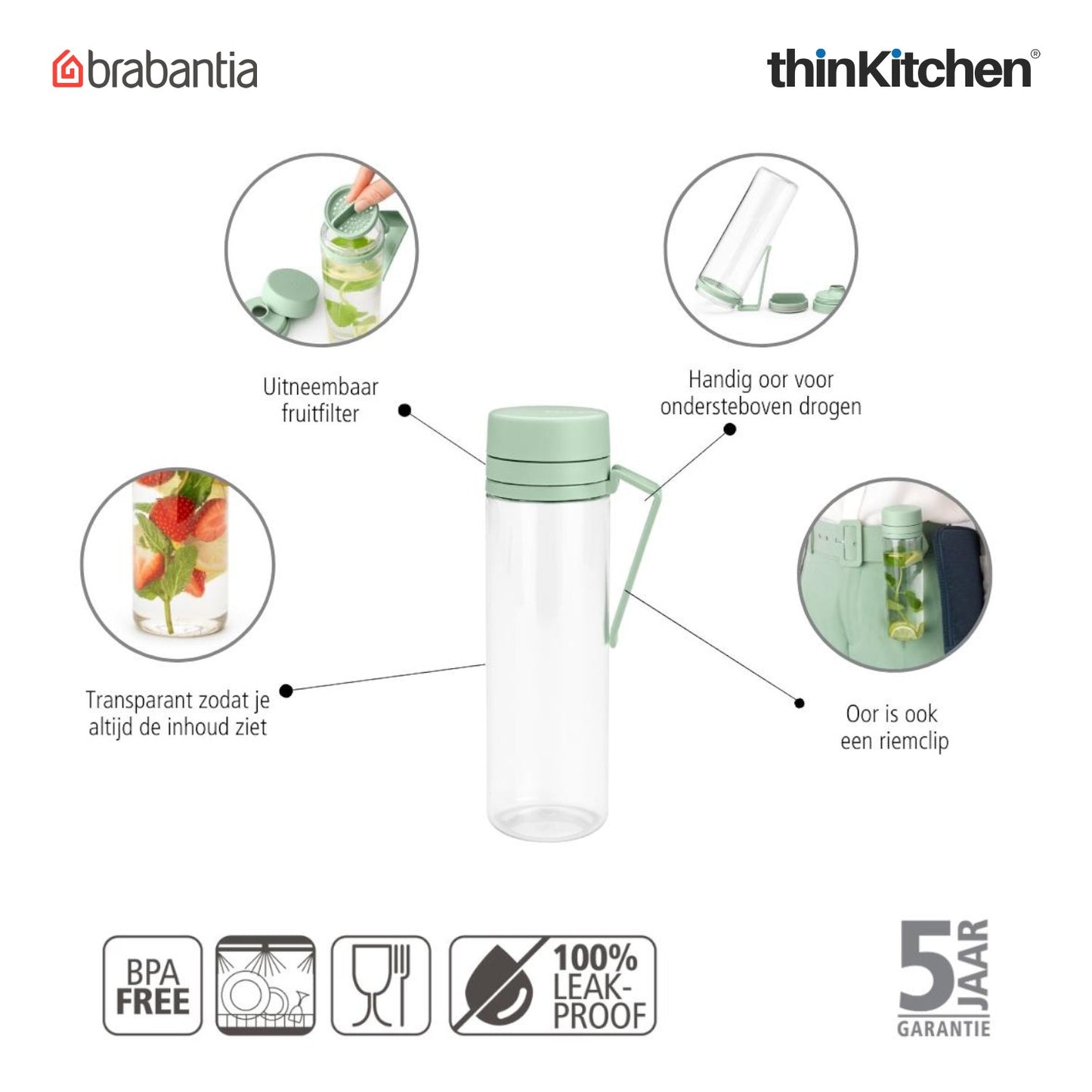 Brabantia Make Take Water Bottle With Strainer 500 Ml Jade Green