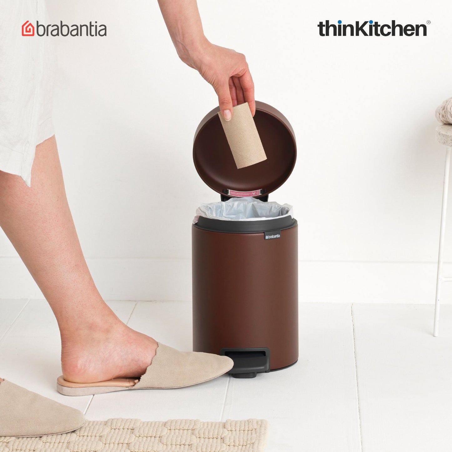 Brabantia, Waste Management, Dustbin, NewIcon Pedal Bin, 3 Litre, Plastic Bucket, Mineral Cosy Brown