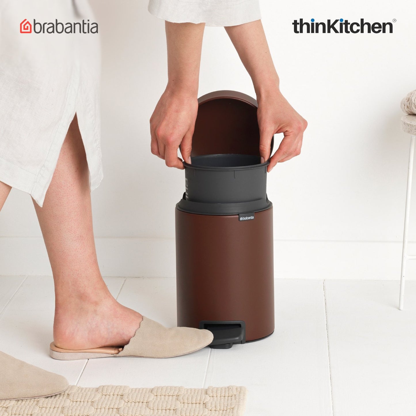 Brabantia, Waste Management, Dustbin, NewIcon Pedal Bin, 3 Litre, Plastic Bucket, Mineral Cosy Brown