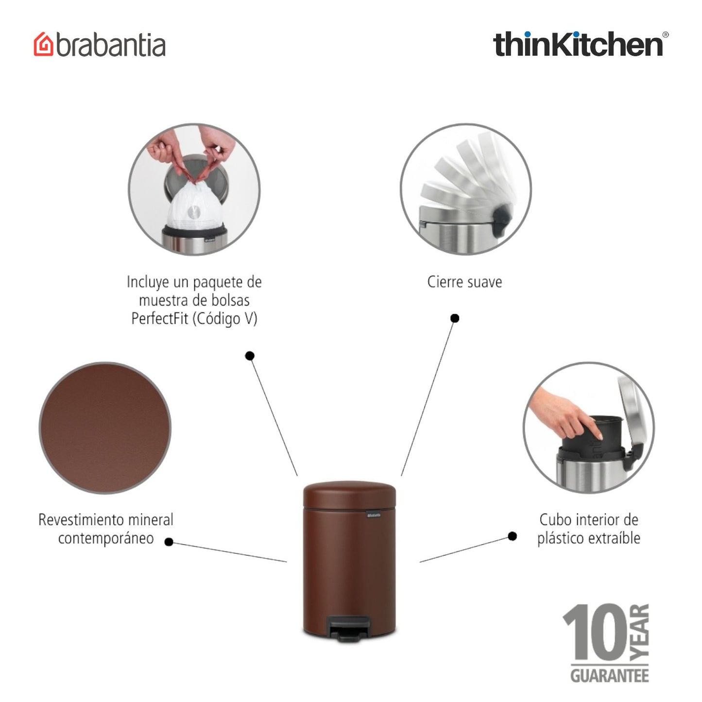 Brabantia, Waste Management, Dustbin, NewIcon Pedal Bin, 3 Litre, Plastic Bucket, Mineral Cosy Brown