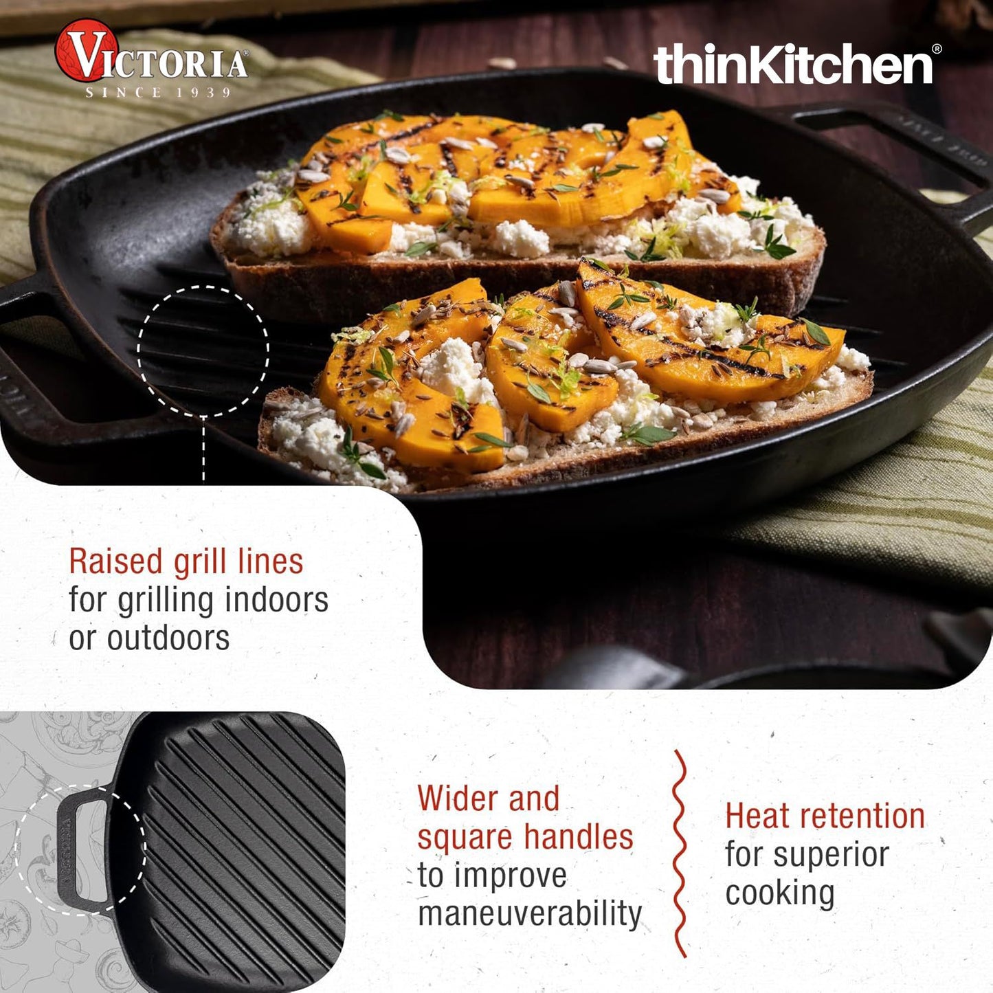 Victoria Cast Iron Square Grill Pan with Double Loop Handles, Made in Colombia, 10 Inches