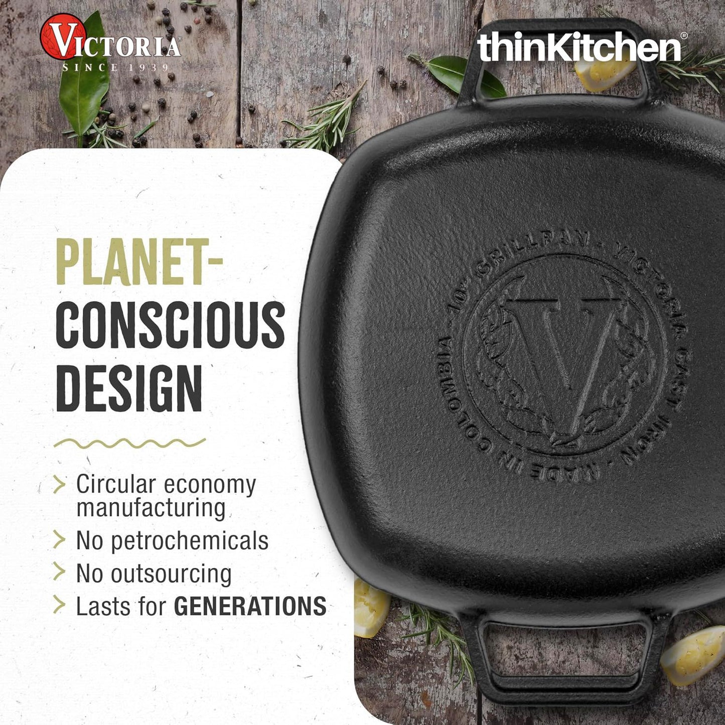 Victoria Cast Iron Square Grill Pan with Double Loop Handles, Made in Colombia, 10 Inches