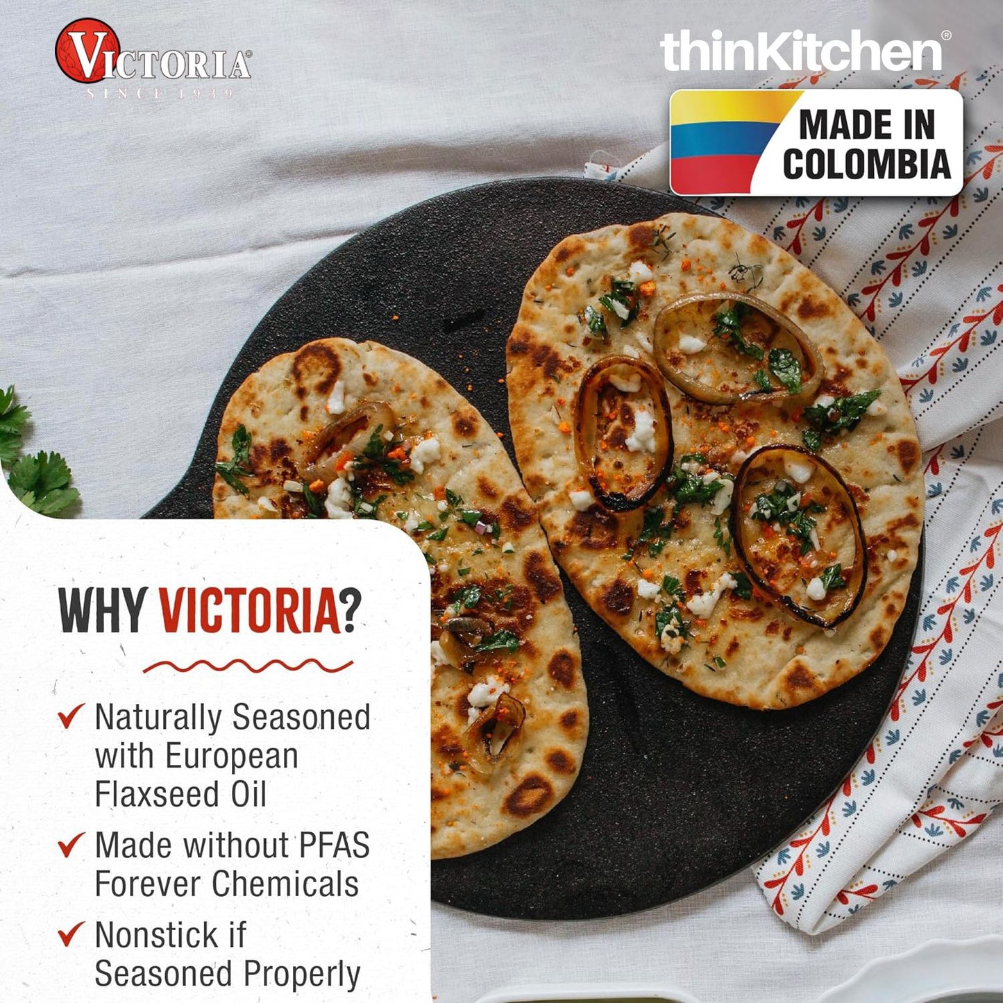 Victoria 12-Inch Cast Iron Tawa Dosa Pan, Pizza Pan with a Loop Handle, Crepe Pan Preseasoned with Flaxseed Oil, Made in Colombia