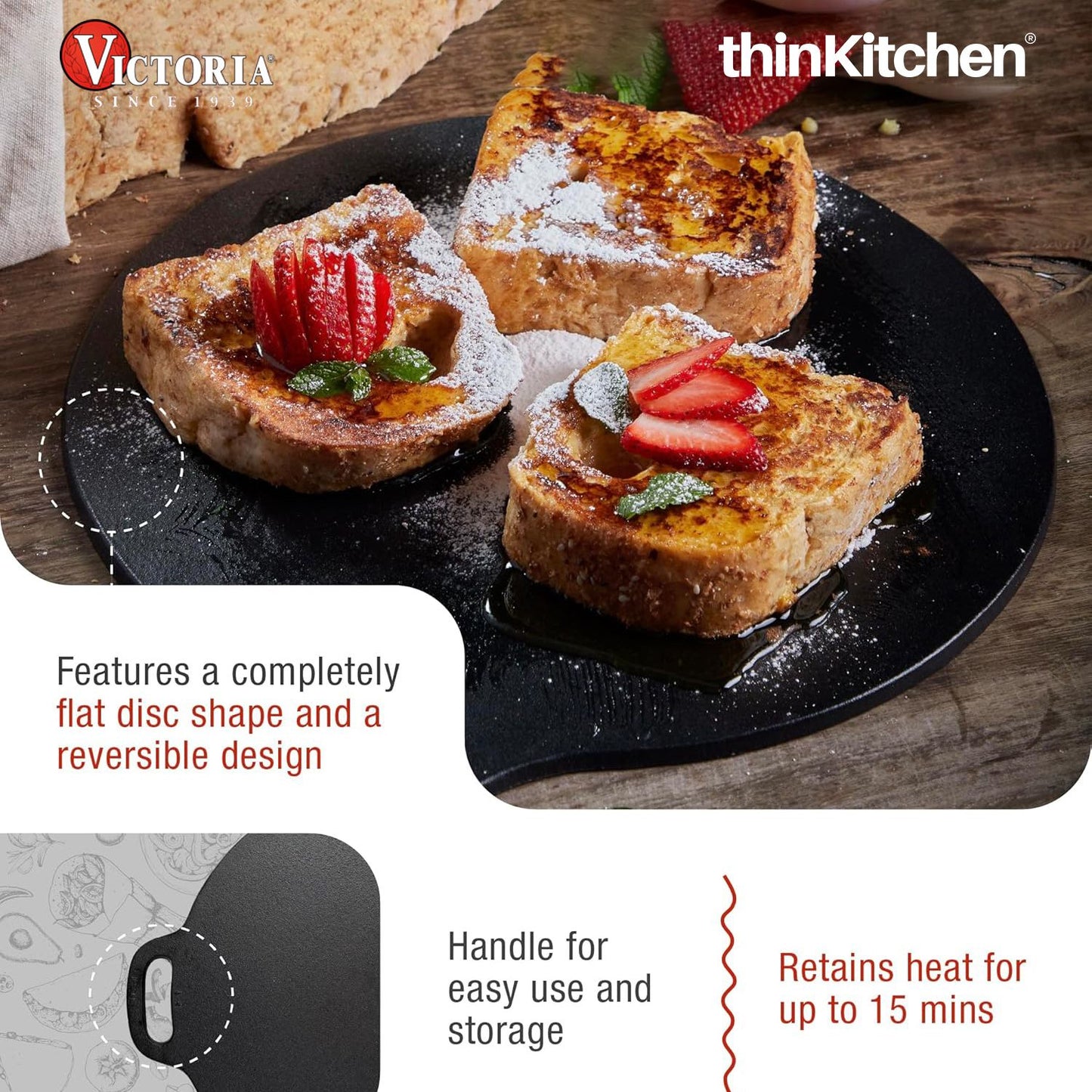 Victoria 12-Inch Cast Iron Tawa Dosa Pan, Pizza Pan with a Loop Handle, Crepe Pan Preseasoned with Flaxseed Oil, Made in Colombia